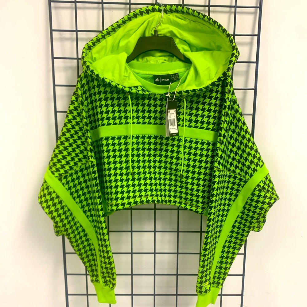 ADIDAS X IVY PARK HALLS OF IVY SOLAR GREEN HOUNDSTOOTH CROP HOODIE